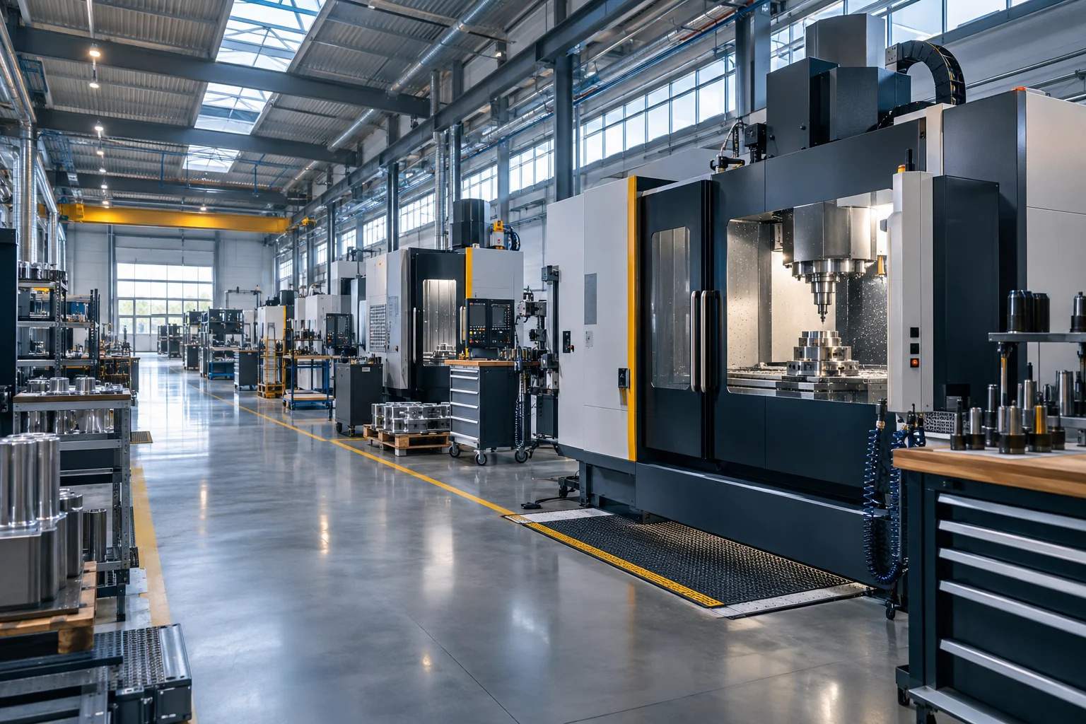 Moderne Fertigungshalle mit CNC-Maschinen und gelben Sicherheitsmarkierungen – Symbolbild für KI im industriellen Mittelstand